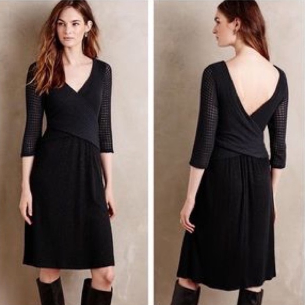 Anthropologie Amadi Fara Surplice Black Mixed Media Faux Wrap Dress Size Small
